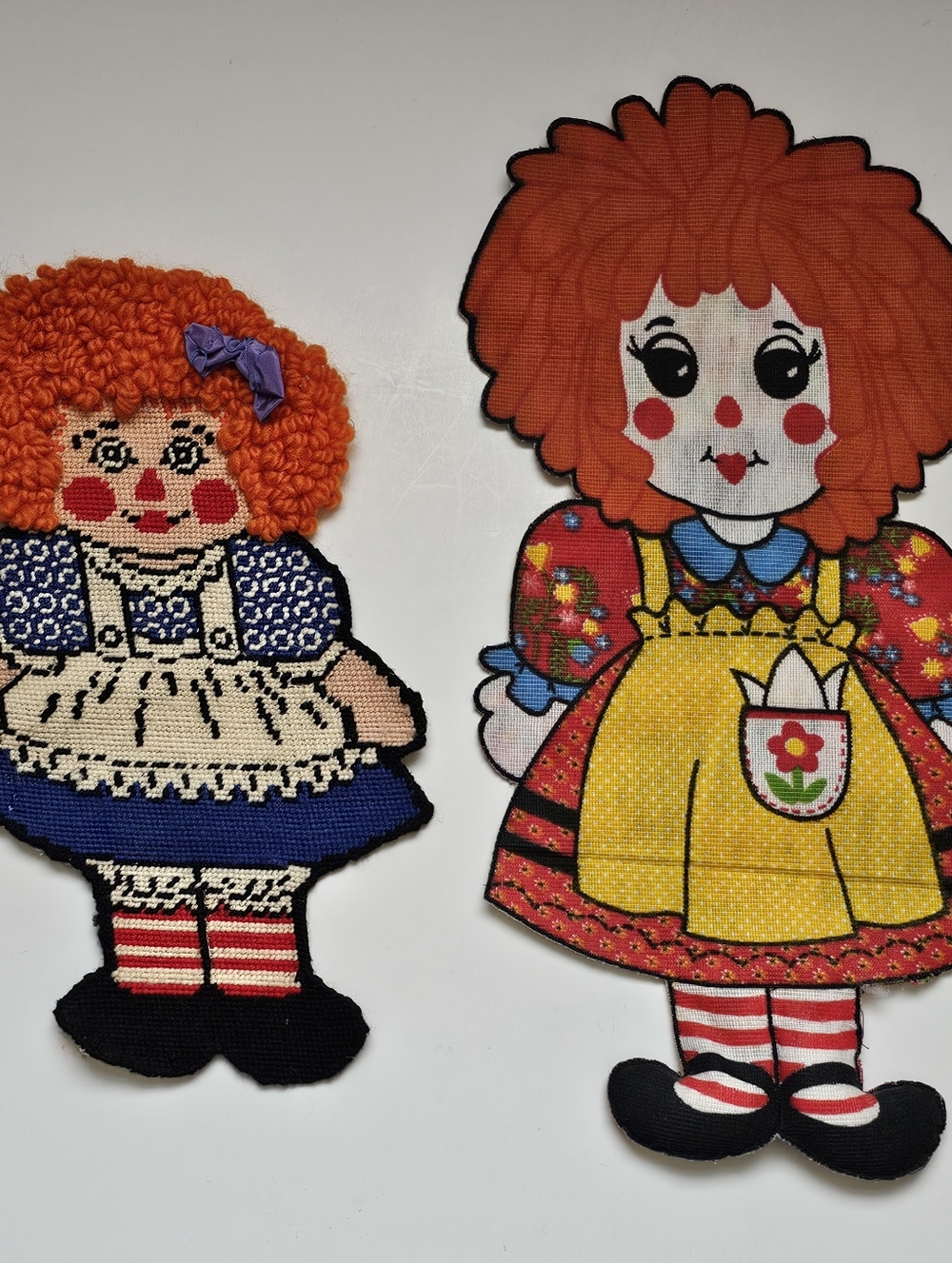 2 Raggedy Ann Doll Needlepoint Pillow Yarn Hair Primitive 19" & 14" Handmade